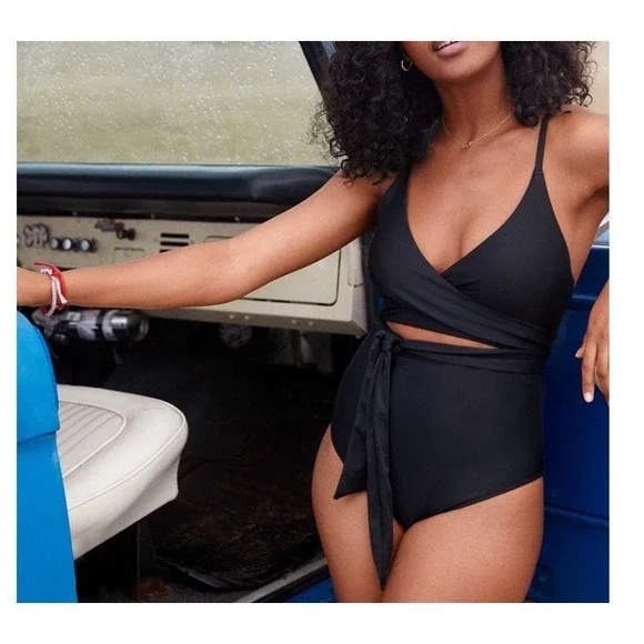 Aerie Wrap One Piece Swimsuit Womens Size XXL Black Vacation Resort Full Coverag - Picture 1 of 6